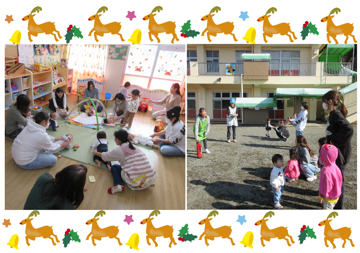 大勢の赤ちゃんと母親が交流しているひよっこひろばの様子と避難訓練で水消火器を使う親子の様子