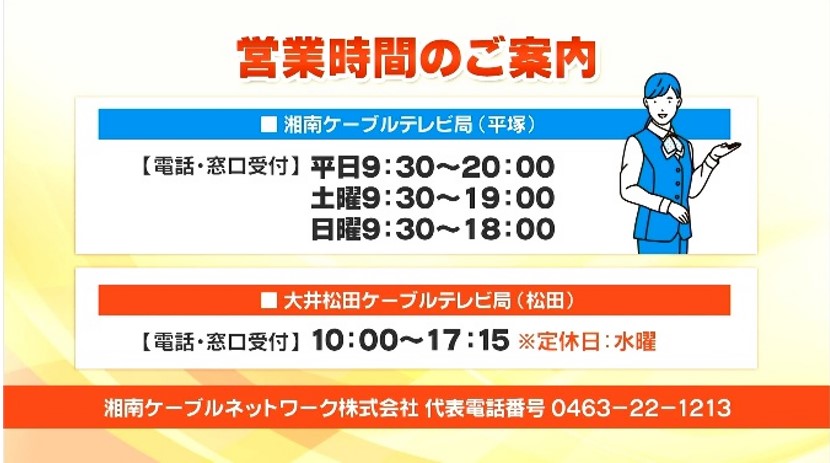 営業時間や定休日が書かれていて右側に女性のイラストがある、テレビで防災行政無線を聞くための説明画像