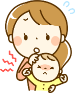 お母さんが苦しそうな顔をした赤ちゃんを抱いて困っているイラスト