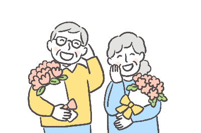 長寿夫妻が笑顔で花束を持っているイラスト