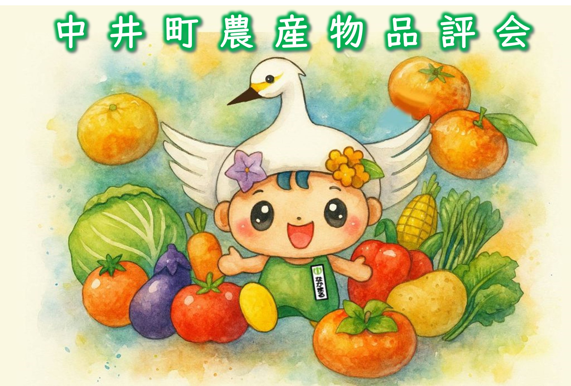 農産物品評会の文字とトマト、ねぎ、かぼちゃ、みかん、かぶ、那須のイラスト