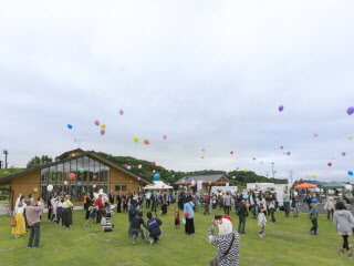 芝生エリアに親子連れの方々が集まっており、色とりどりの風船が空に舞い上がっているイベント風景の写真